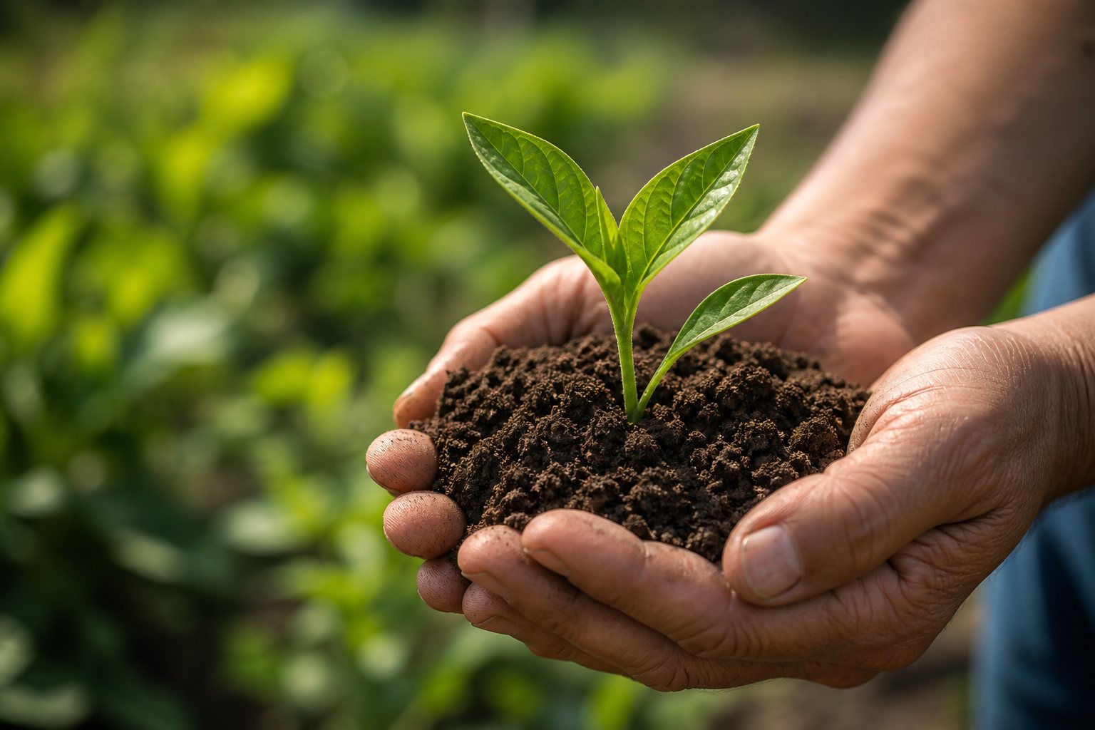 Hands holding soil with a green seedling
