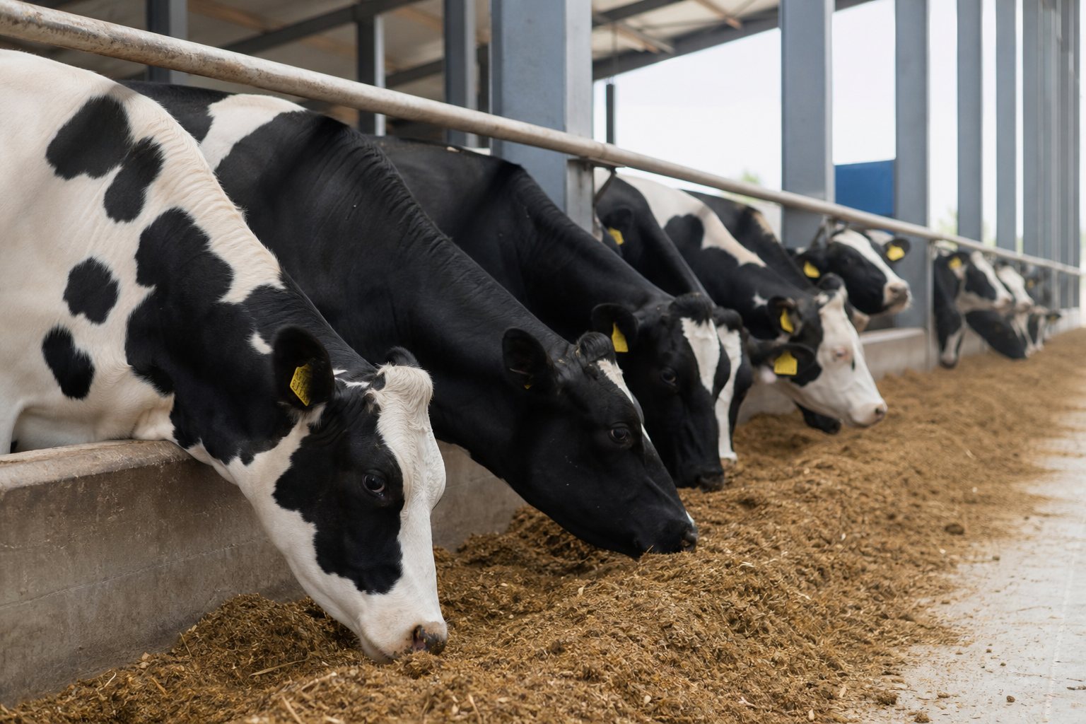 Dairy cows feeding in a modern barn