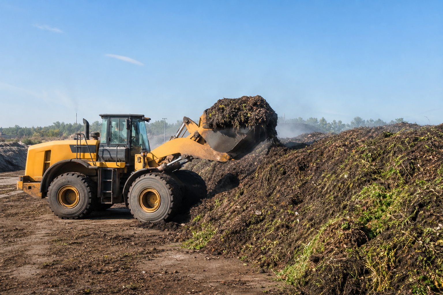 Wheel loader turning a compost windrow
