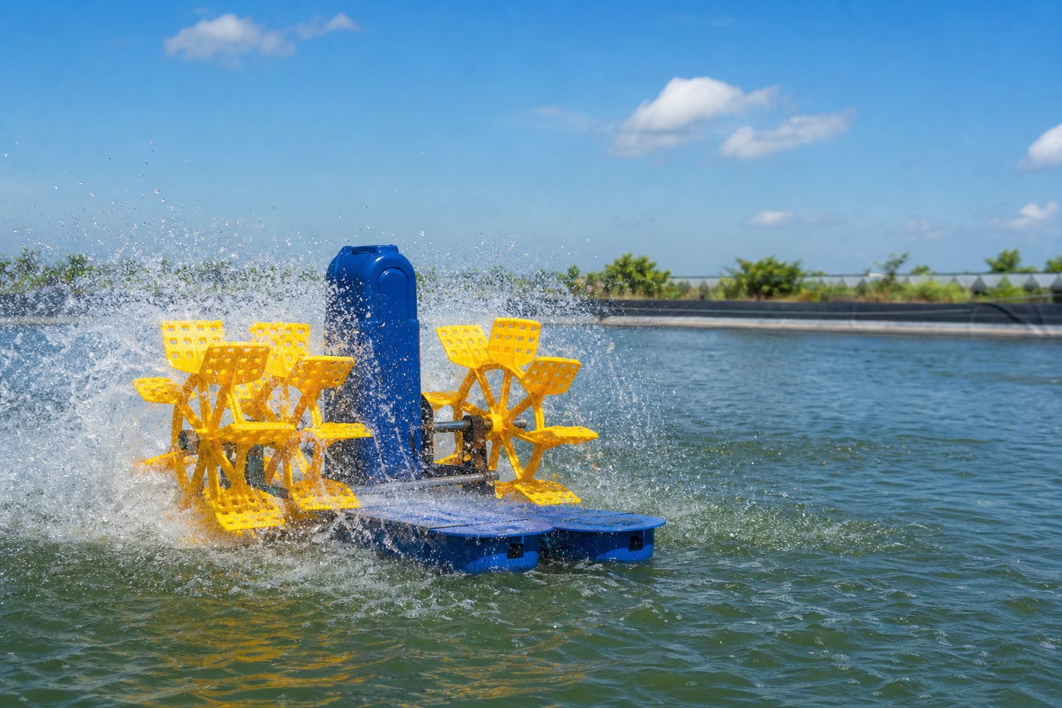 Paddle wheel aerator on an aquaculture pond
